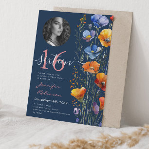 Invitation PHOTO Aquarelle Fleurs sauvages doux 16 bleu marin