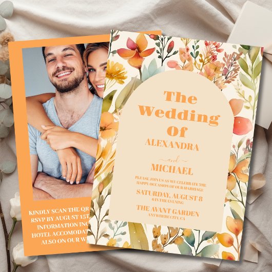 Invitation Photo Aquarelle rose orange Fleur sauvage Mariage