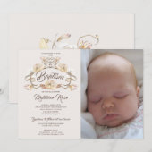 Invitation Photo Aquarelle Rustique Floral Baptême (Devant / Derrière)