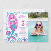 Invitation Photo Aquarelle Sirène Fille Anniversaire Pool Par (Devant)