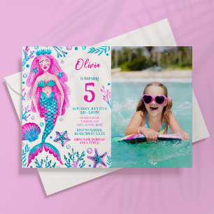 Invitation Photo Aquarelle Sirène Fille Anniversaire Pool Par