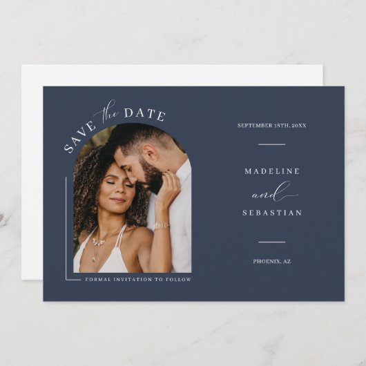 Invitation Photo Arc Bleu de la Marine moderne Code QR Enregi (Devant / Derrière)