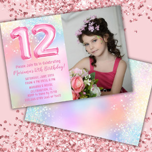 Invitation Photo Arc-en-ciel rose 12e anniversaire