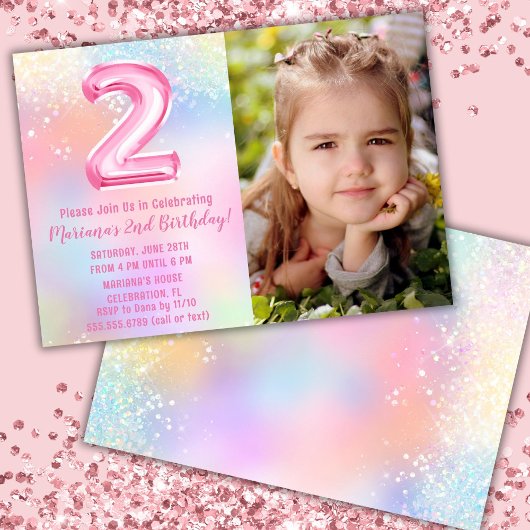 Invitation Photo Arc-en-ciel rose 2e anniversaire