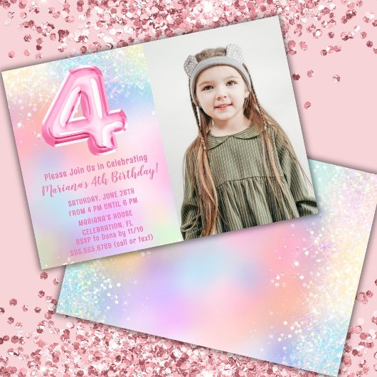 Invitation Photo Arc-en-ciel rose 4e anniversaire