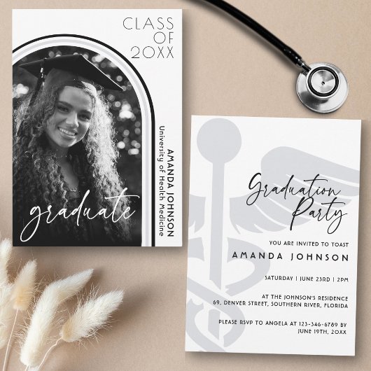 Invitation Photo Arc moderne Black White Nurses Graduation