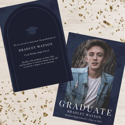 Invitation Photo Arc moderne Marine Bleu Boy's Graduation