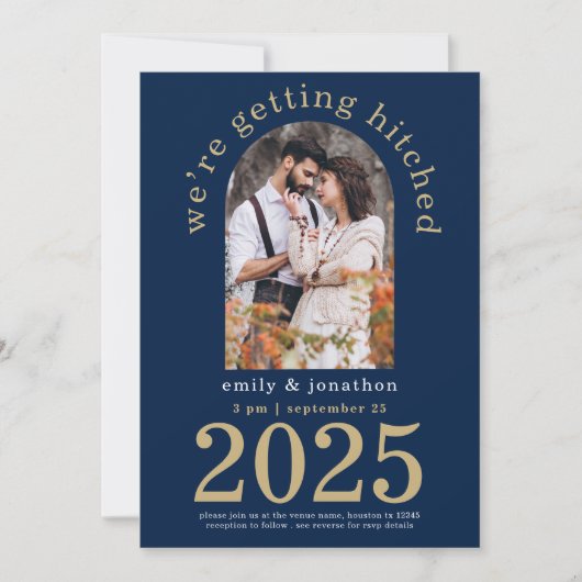 Invitation Photo Arc Moderne Marine Gold Wedding Enregistrer (Devant)