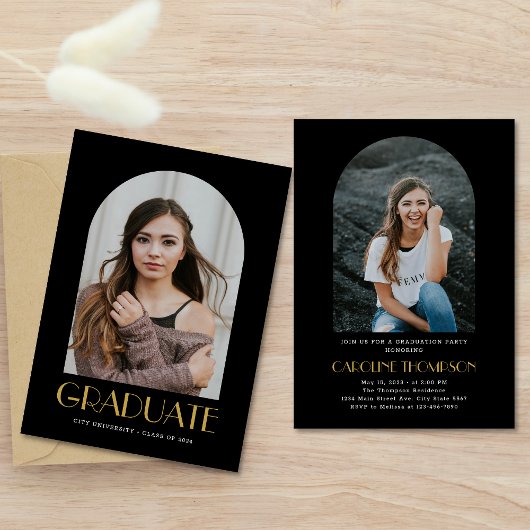 Invitation Photo Arch moderne Black & Gold Graduation Party