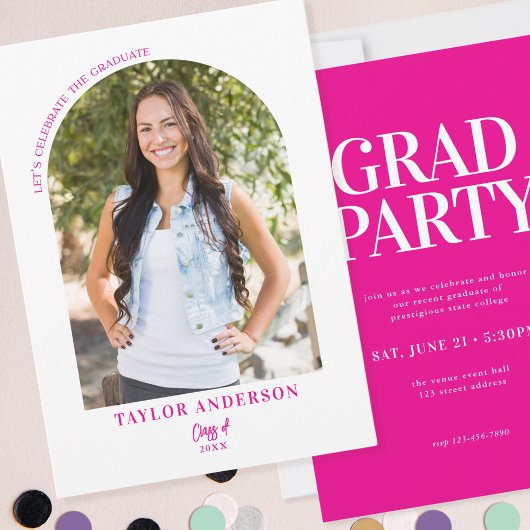 Invitation Photo Arch moderne Fuchsia Pink Graduation Party