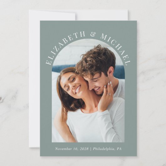 Invitation Photo Arch moderne QR Code Sage Mariage (Devant)