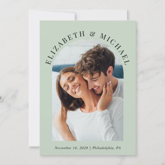 Invitation Photo Arch moderne QR Code Sage Mariage (Devant)