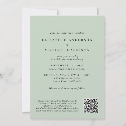 Invitation Photo Arch moderne QR Code Sage Mariage (Dos)