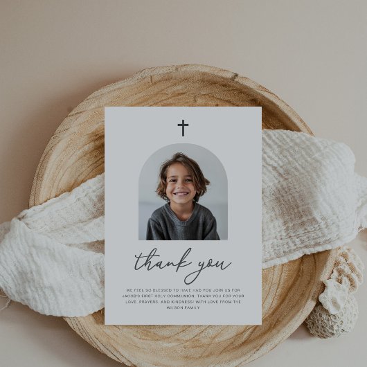 Invitation Photo Arched First Communion Boy Merci