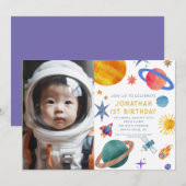 Invitation Photo Astronaut Planètes Space Boy 1er anniversair (Devant / Derrière)