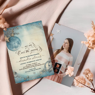Invitation Photo Au-dessus de la lune Marine Bleu Bébé Garçon