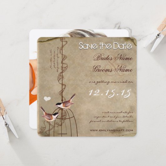 Invitation Photo au verso Cage à oiseaux Save the Date (Devant/Arrière en situation)