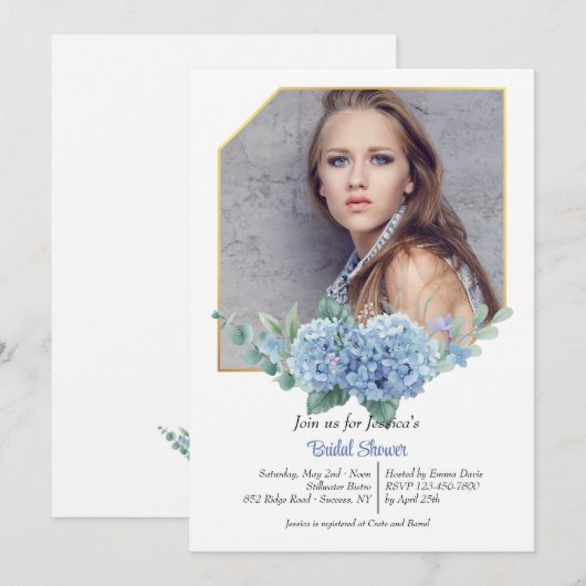 Invitation photo avec cadre d'hortensia bleu (Devant / Derrière)