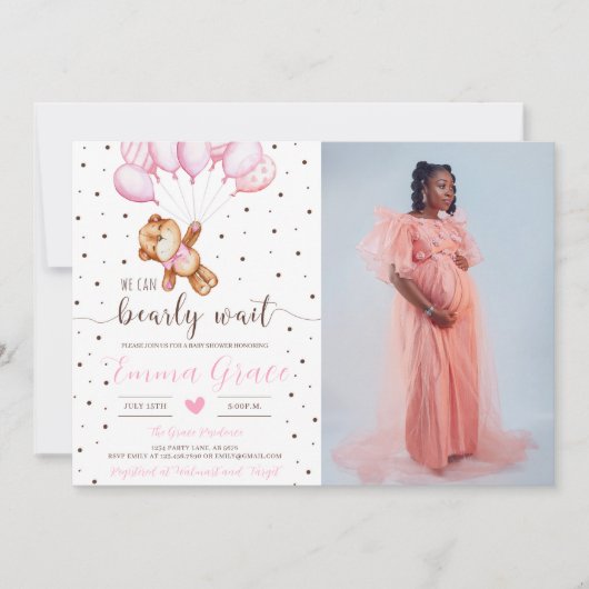 Invitation Photo Baby shower fille ours en peluche mignonne (Devant)