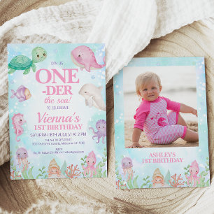 Invitation Photo Baleine rose sous la mer 1er anniversaire