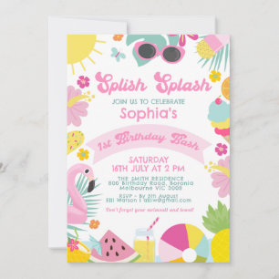 Invitation Photo Bannière rose Retro Splish Splash 1er annive