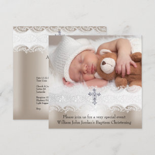 Invitation Photo Baptême Blanc Beige Croix Bébé Fille Garçon