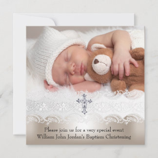 Invitation Photo Baptême Blanc Beige Croix Bébé Fille Garçon