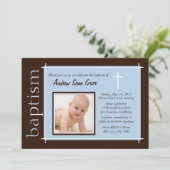Invitation photo baptême chic [bleu] (Debout devant)