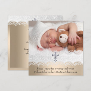 Invitation Photo Baptême Croix Beige Blanc Baby Girl Boy