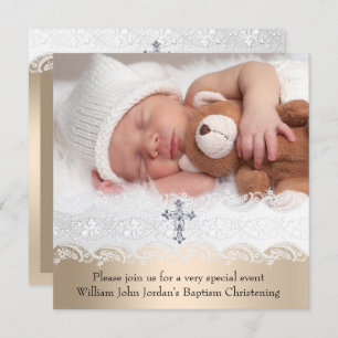 Invitation Photo Baptême Croix Beige Blanc Baby Girl Boy