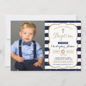 Invitation Photo Baptême de Faux Gold Boy de la Marine modern (Devant)