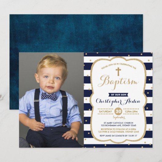 Invitation Photo Baptême de Faux Gold Boy de la Marine modern (Devant / Derrière)