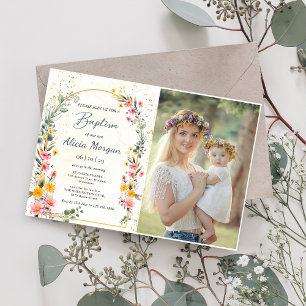 Invitation Photo Baptême du Fleur sauvage de printemps coloré