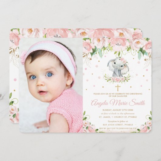 Invitation Photo Baptême florale rose chic Eléphant (Devant / Derrière)