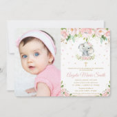 Invitation Photo Baptême florale rose chic Eléphant (Devant)