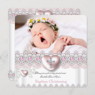 Invitation Photo Baptême Pink Silver Heart Cross Girl Pearl