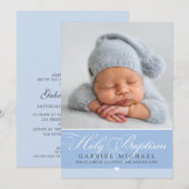 Invitation PHOTO BAPTISM élégante calligraphie doux garçon bl (Devant / Derrière)