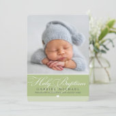 Invitation PHOTO BAPTISM élégante calligraphie doux garçon ve (Debout devant)