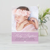 Invitation PHOTO BAPTISM élégante calligraphie doux lilas (Debout devant)