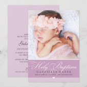Invitation PHOTO BAPTISM élégante calligraphie doux lilas (Devant / Derrière)