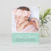 Invitation PHOTO BAPTISM élégante calligraphie vert menthe do (Debout devant)