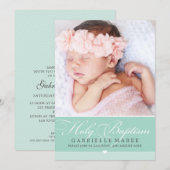 Invitation PHOTO BAPTISM élégante calligraphie vert menthe do (Devant / Derrière)