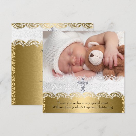 Invitation Photo Baptism Gold Lace Cross Baby Boy Girl (Devant / Derrière)
