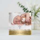 Invitation Photo Baptism Gold Lace Cross Baby Boy Girl (Debout devant)