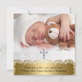 Invitation Photo Baptism Gold Lace Cross Baby Boy Girl (Devant)
