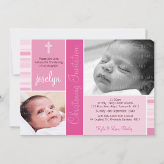 Invitation PHOTO BAPTISM jolie essence rayée rose motif