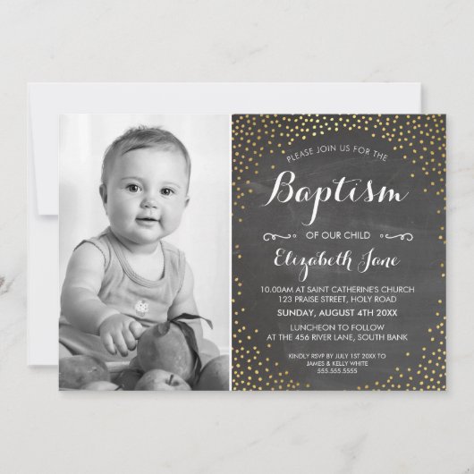 Invitation PHOTO BAPTISM jolie mini confetti en or (Devant)