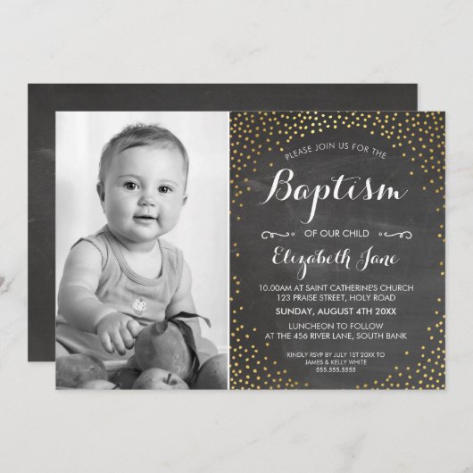 Invitation PHOTO BAPTISM jolie mini confetti en or (Devant / Derrière)