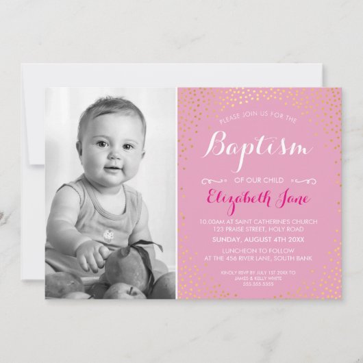 Invitation PHOTO BAPTISM mignon mini confetti en or motif ros (Devant)