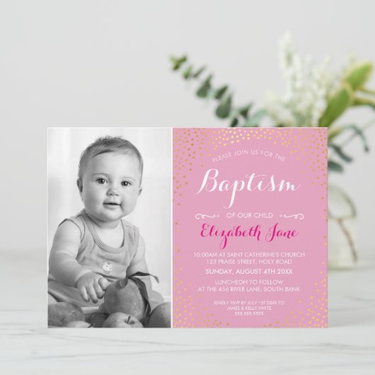 Invitation PHOTO BAPTISM mignon mini confetti en or motif ros (Debout devant)